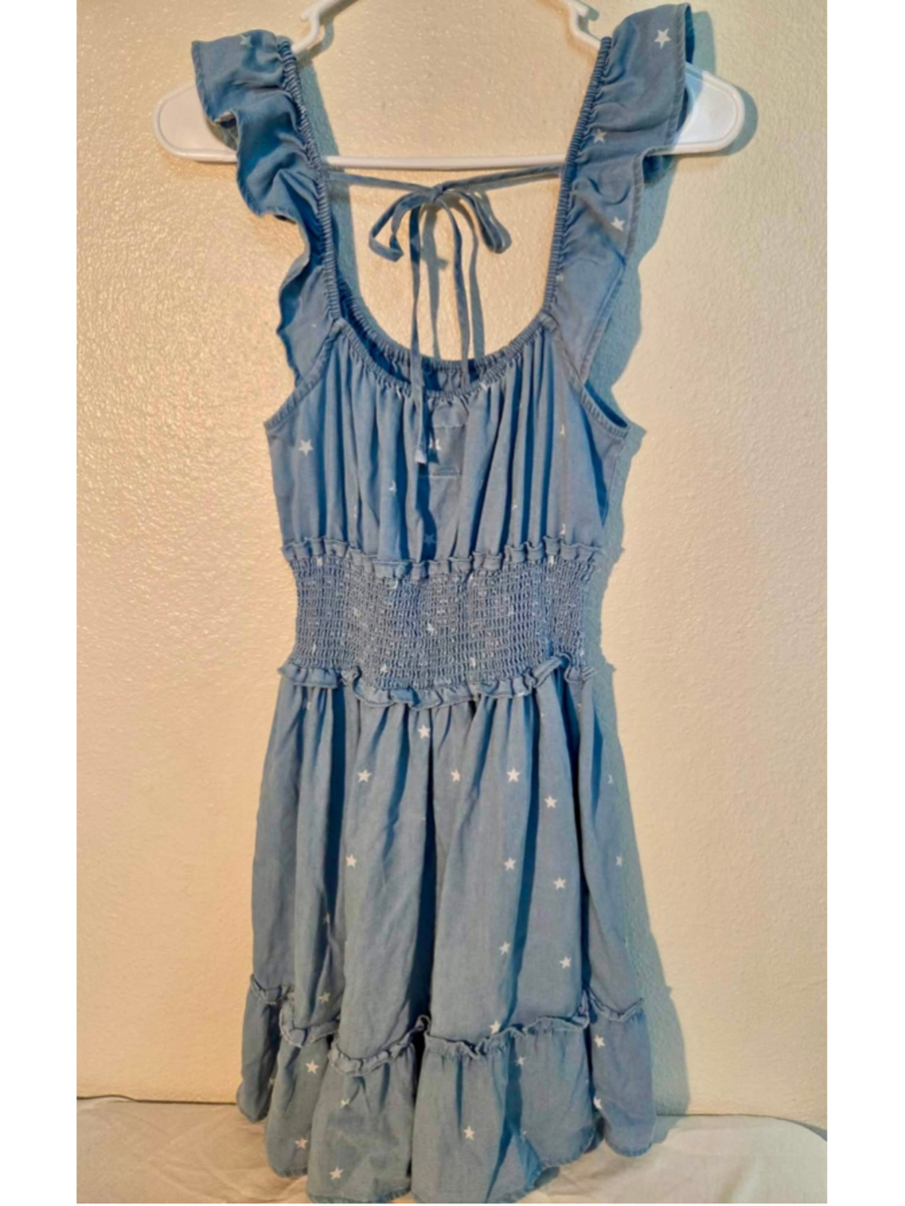 Threadgrit Star Print Ruffle Sleeve Smocked Waist Chambray Mini Dress Small W263